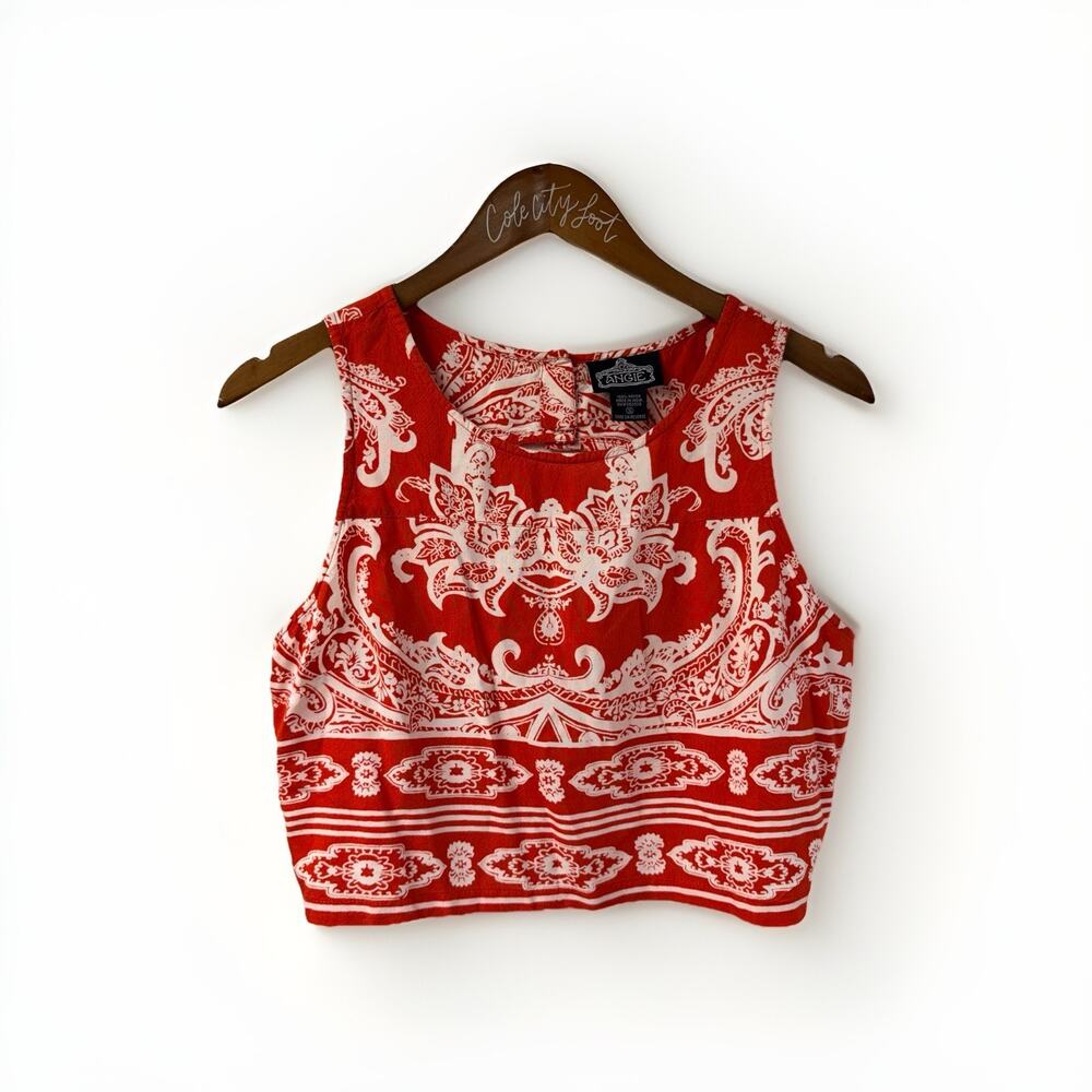 Angie Crop Tank Top Small Red Print Open Back 100% Rayon